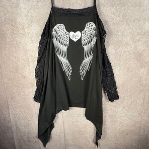 Nextmia Gothic Angel Cold Shoulder Top – Punk Lace, Wing Graphic, Size 14
